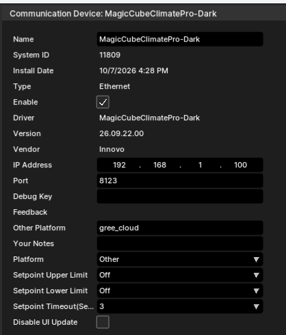 ELAN communication device configuration for Gree Climate - Platform Other, Other Platform gree_cloud